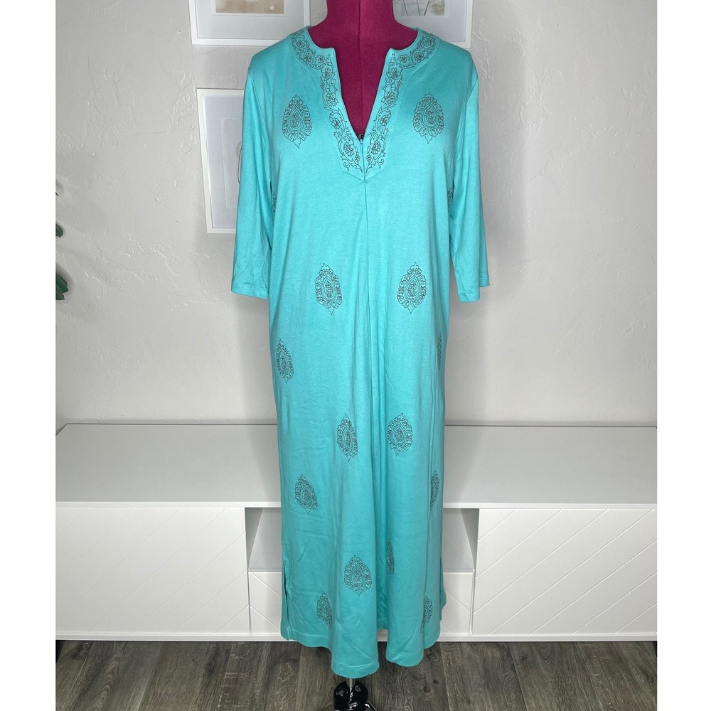 I.‎ Magnin Maxi Dress Womens Large Turquoise Blue Paisley Embroidered Caftan L